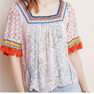 Anthropologie Maeve Paolina Tasseled Blouse Size M Embroidered Peasant Top